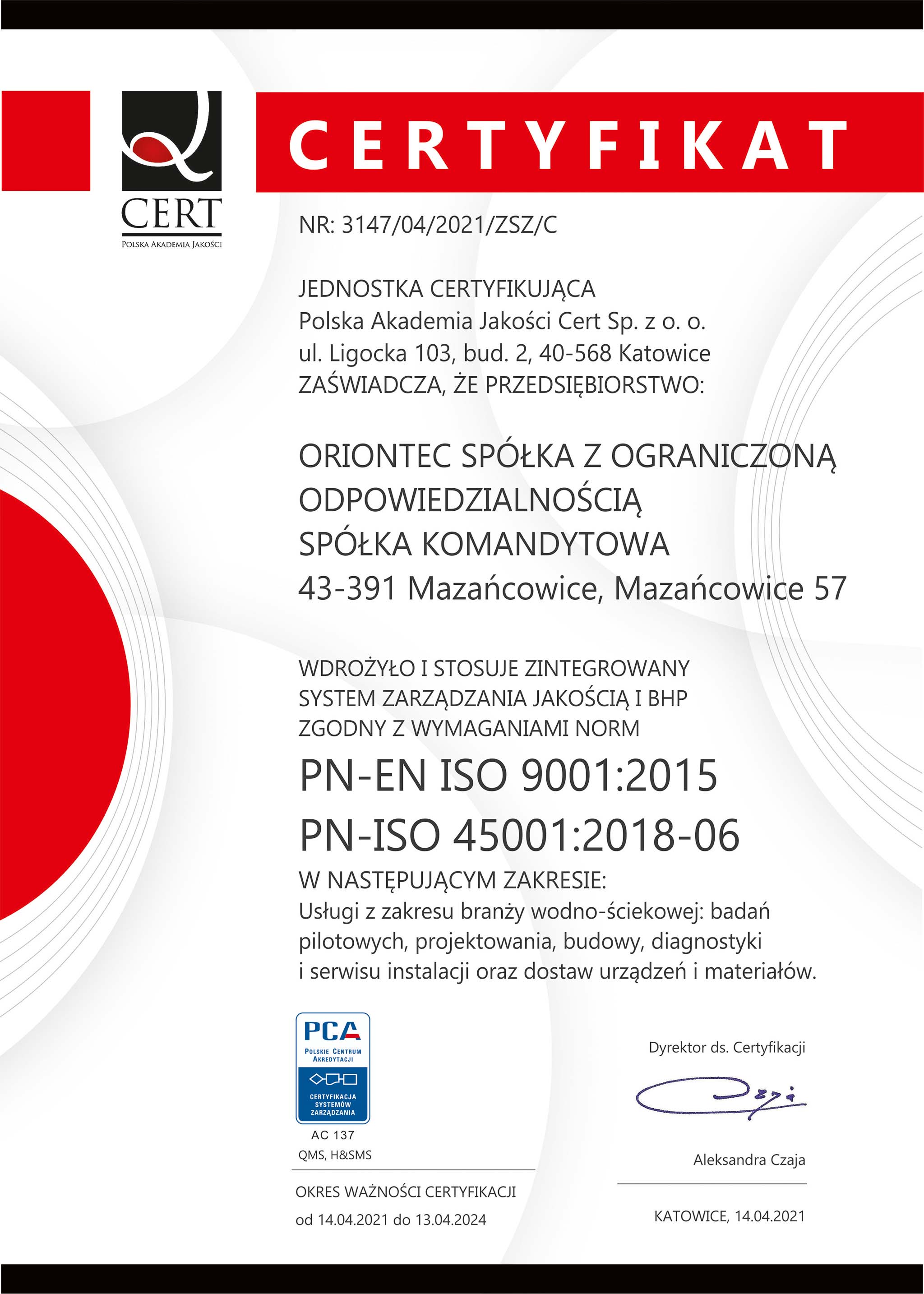 Certyfikat Zintegrowany System Zarządzania Jakością i BHP